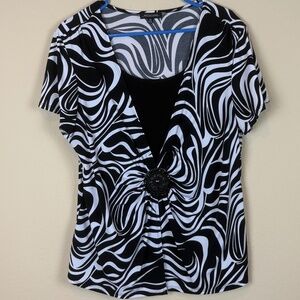 Notations Black/White Zebra Print Stretch Pullover Blouse w/ Built In Cami